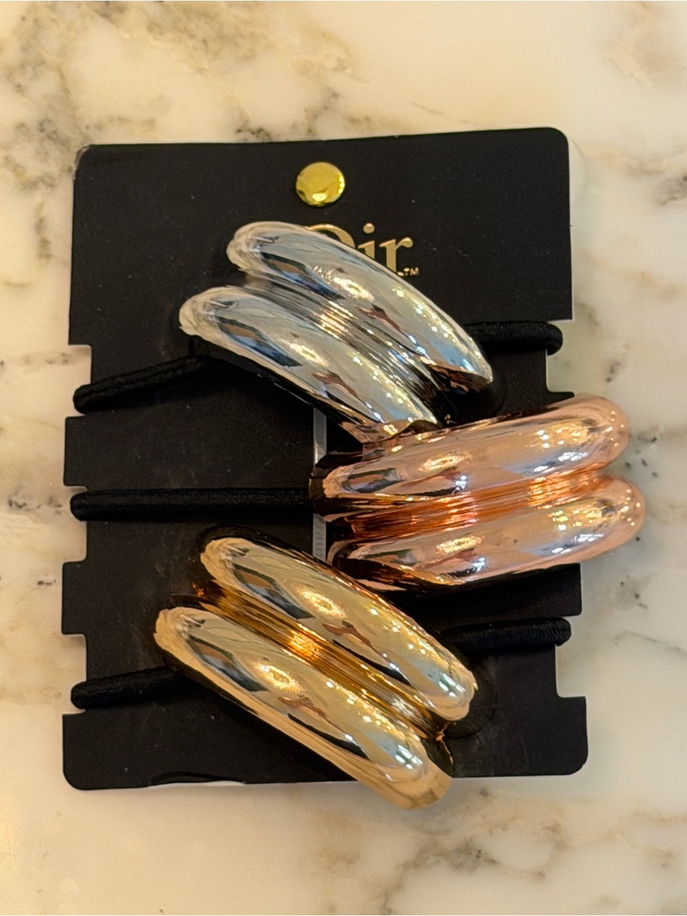 NWT nOir Set of 3 Metallic Tube Ponytail Holders Gold Silver Rose Gold Hair Ties